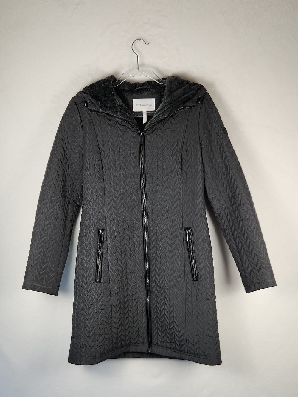 BCBGeneration Quilted Hooded Front Zip Walker Coat Dark Grey‎ Women's Size Small